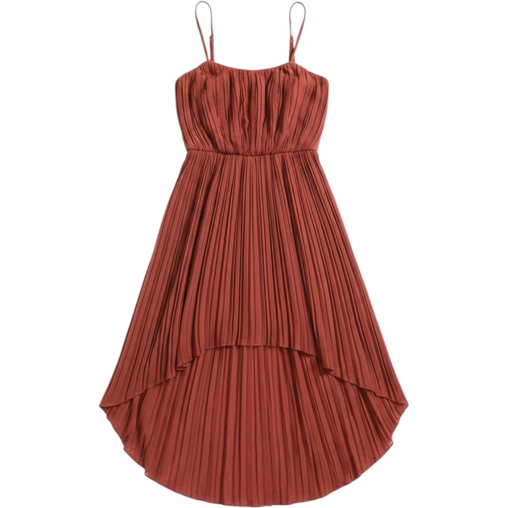 BCBGeneration Rust Orange Pleated High-Low Dress XS Smocked Waist Spaghetti Strp